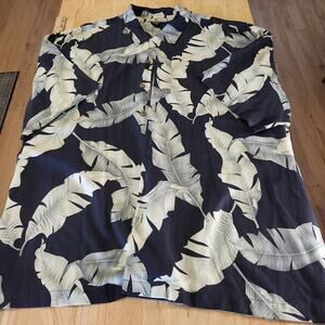 Tommy Bahama XXXL 100% Silk Black Green Botanical Print Collared Button Down